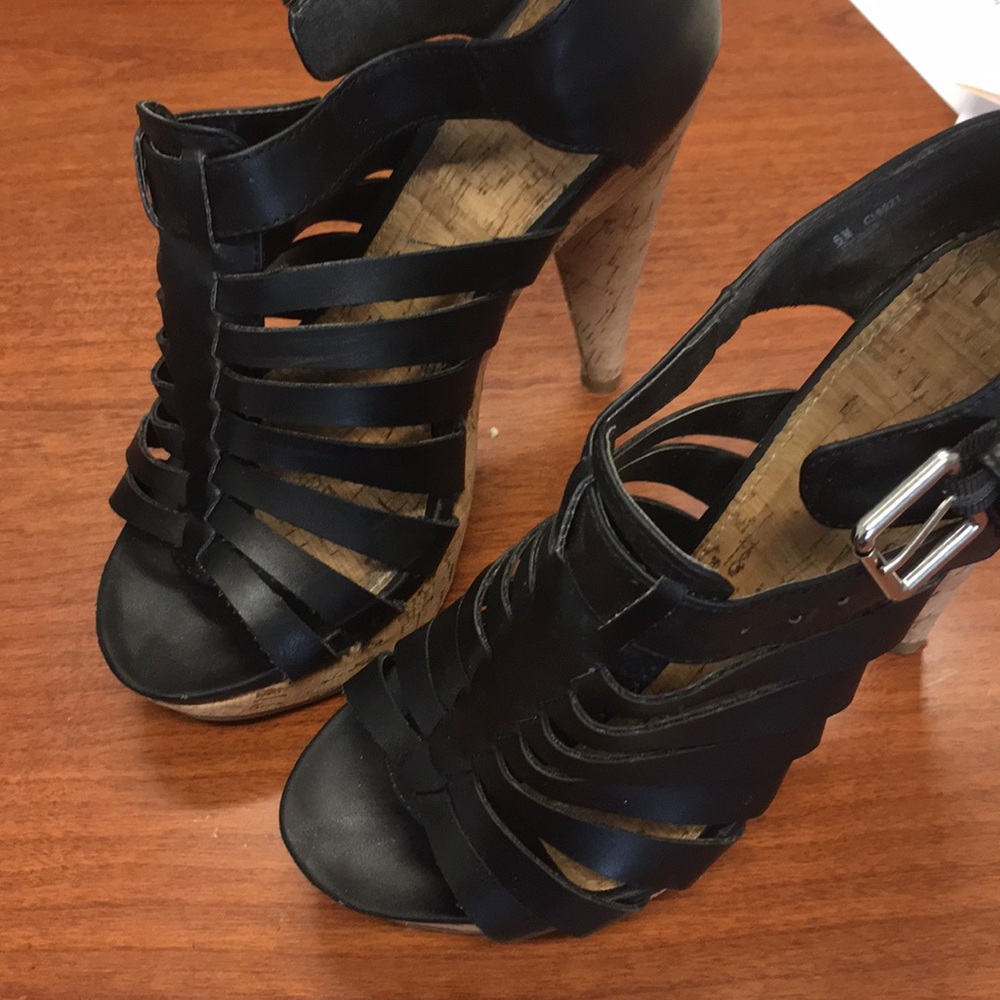Sexy strappy black cork heels